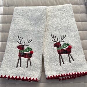 Festive Reindeer Embroidered Hand Towels - White and Red NWOT